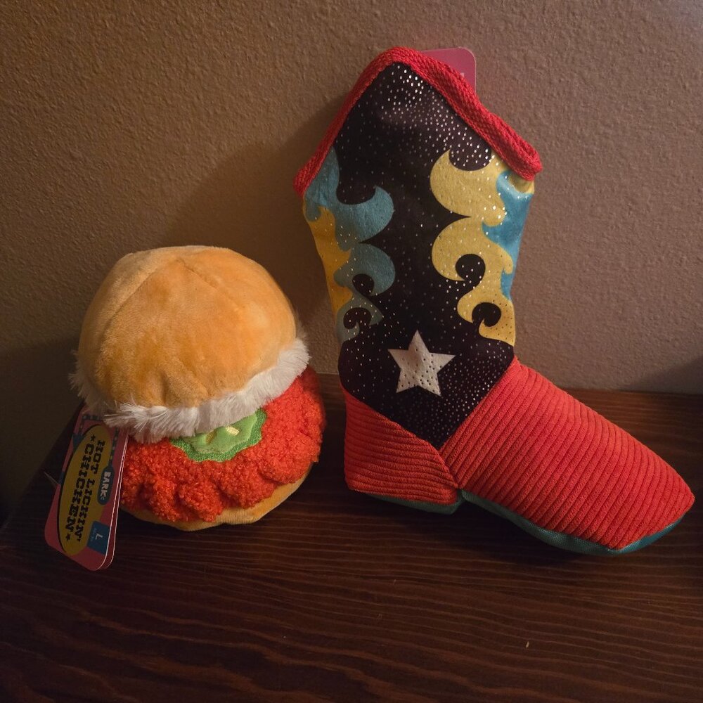 2 Bark Box NWT Dog Toys. Hot Lickin' Chicken & Boot Scoot Booogie